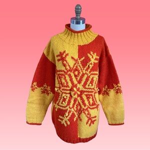 Vintage 80s/90s 100% Wool Snowflake Statement Colorblocked Mock Neck Sweater S